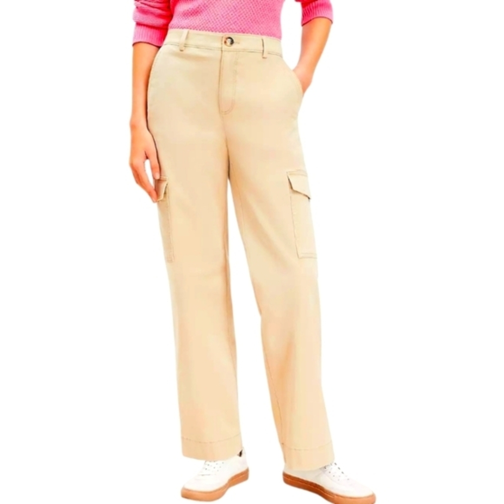 Loft Relaxed Cargo Pants Womens Tan High Waisted Utility Pockets Trousers 14 new